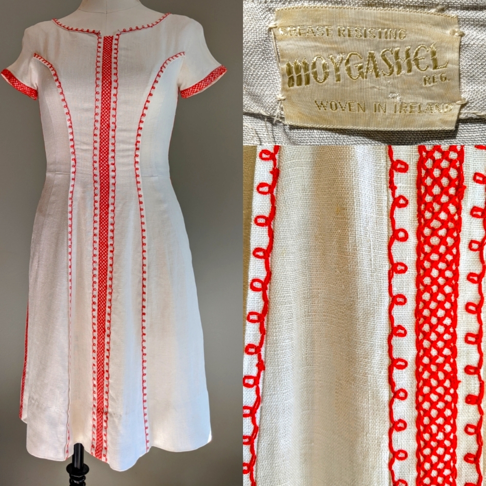 Vintage 1950s Moygashel linen embroidered dress small